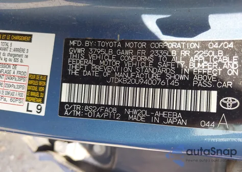 2004 Toyota Prius from USA, damaged, VIN JTDKB20U940076145